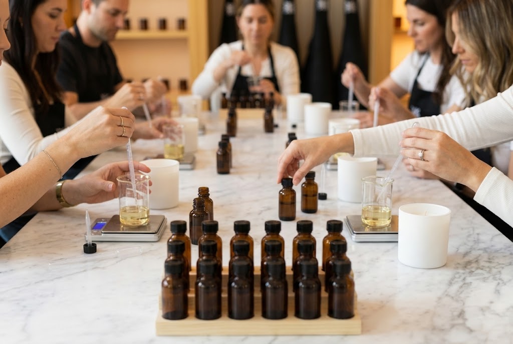 People sitting at a class table and making perfume