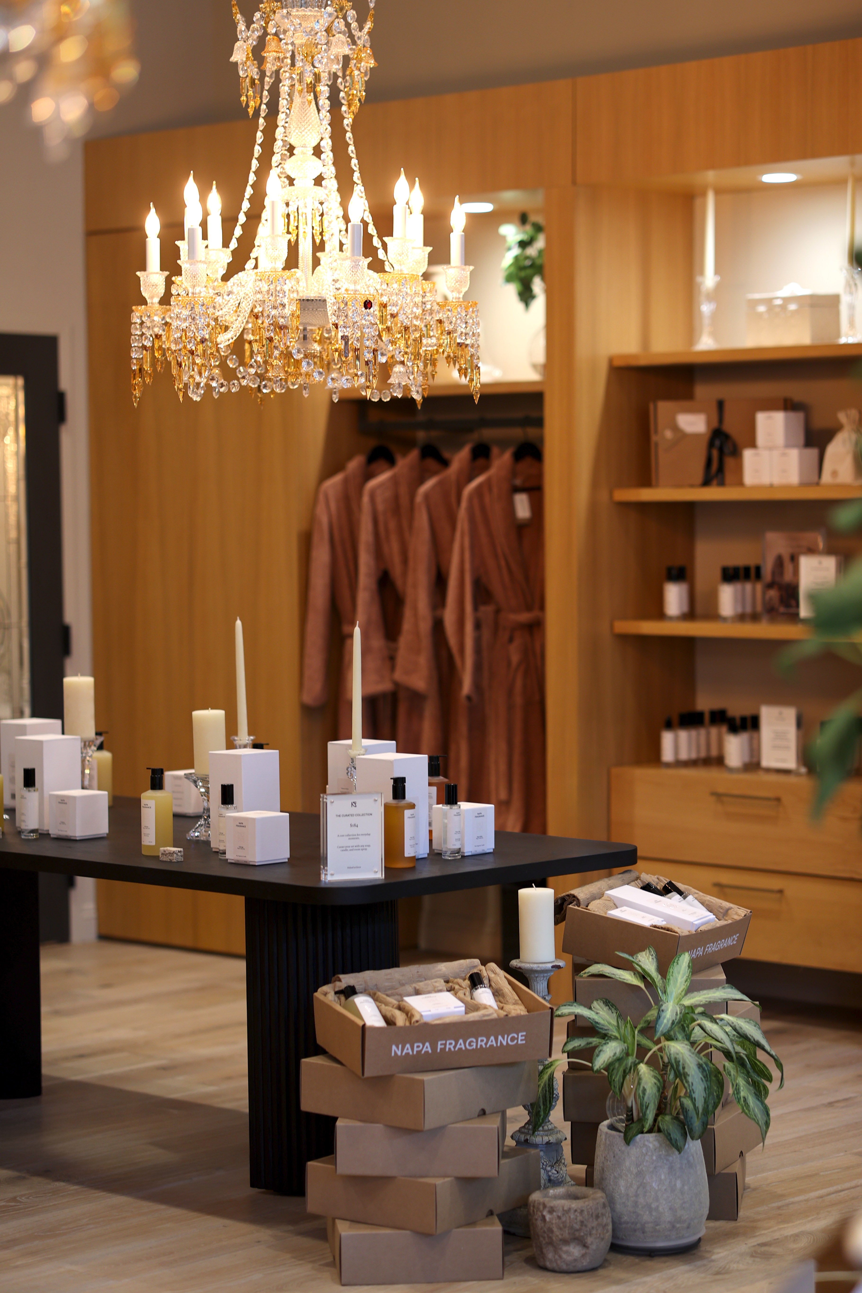 Interior of a store with a chandelier, clothing racks, and product displays.