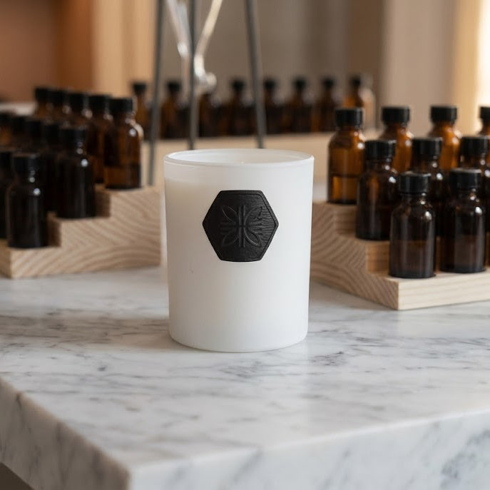 White candle with a black hexagonal design on a marble surface, surrounded by brown glass bottles.