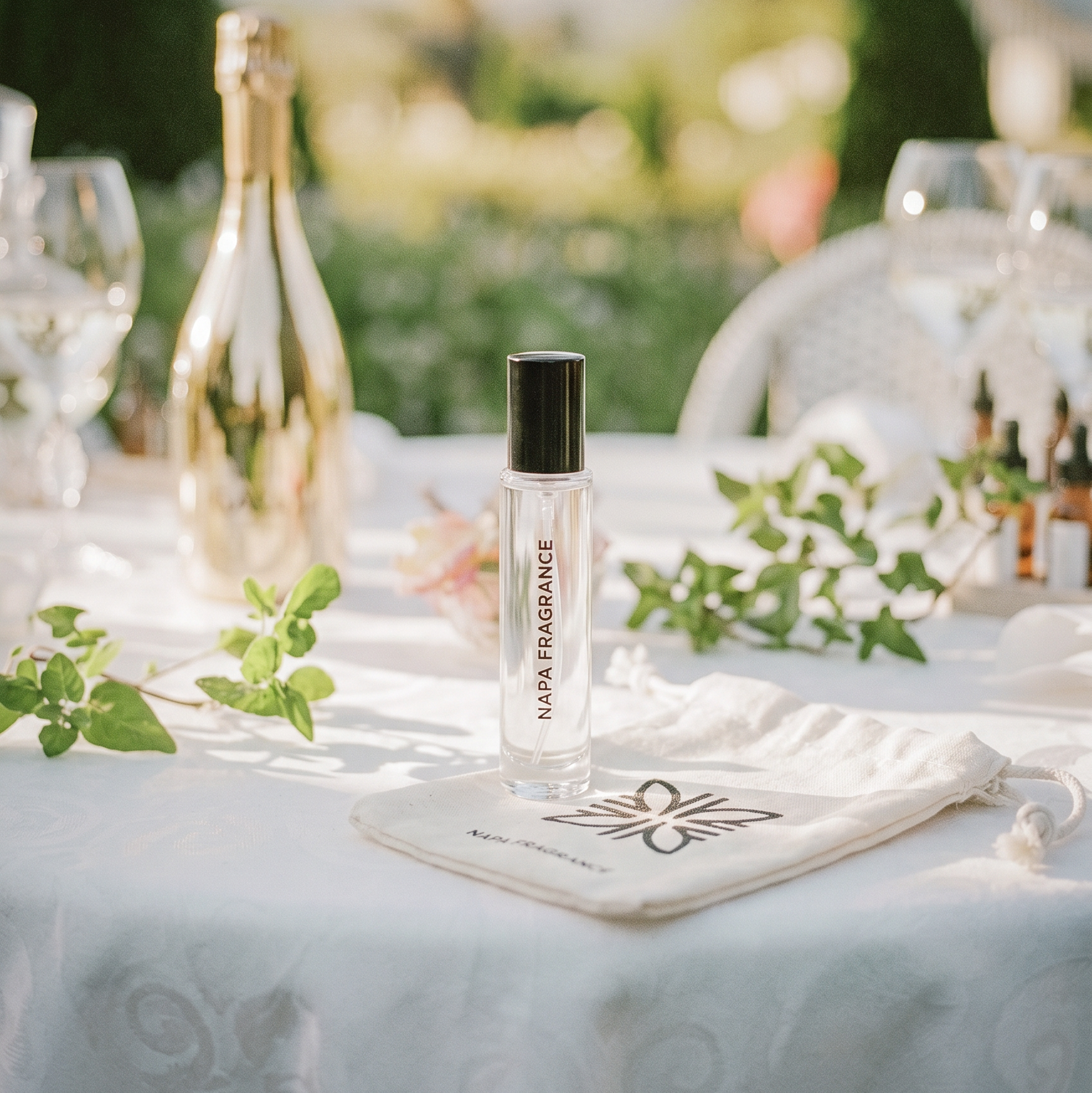 Clear bottle with black cap, with the name Napa Fragrance in black. Sitting on a table with a gift bag.
