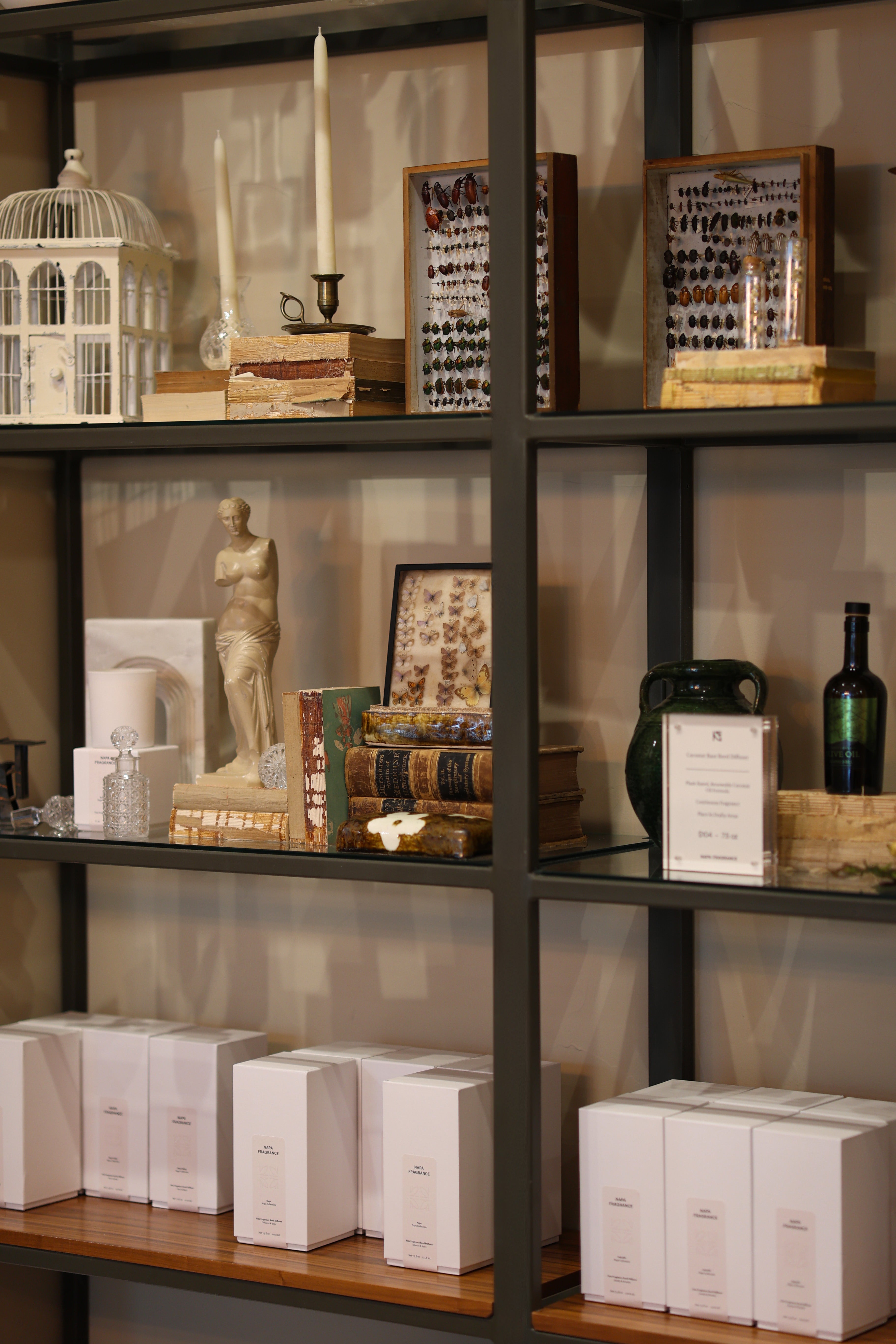 Decorative shelves with various items including books, a statue, and a birdcage.
