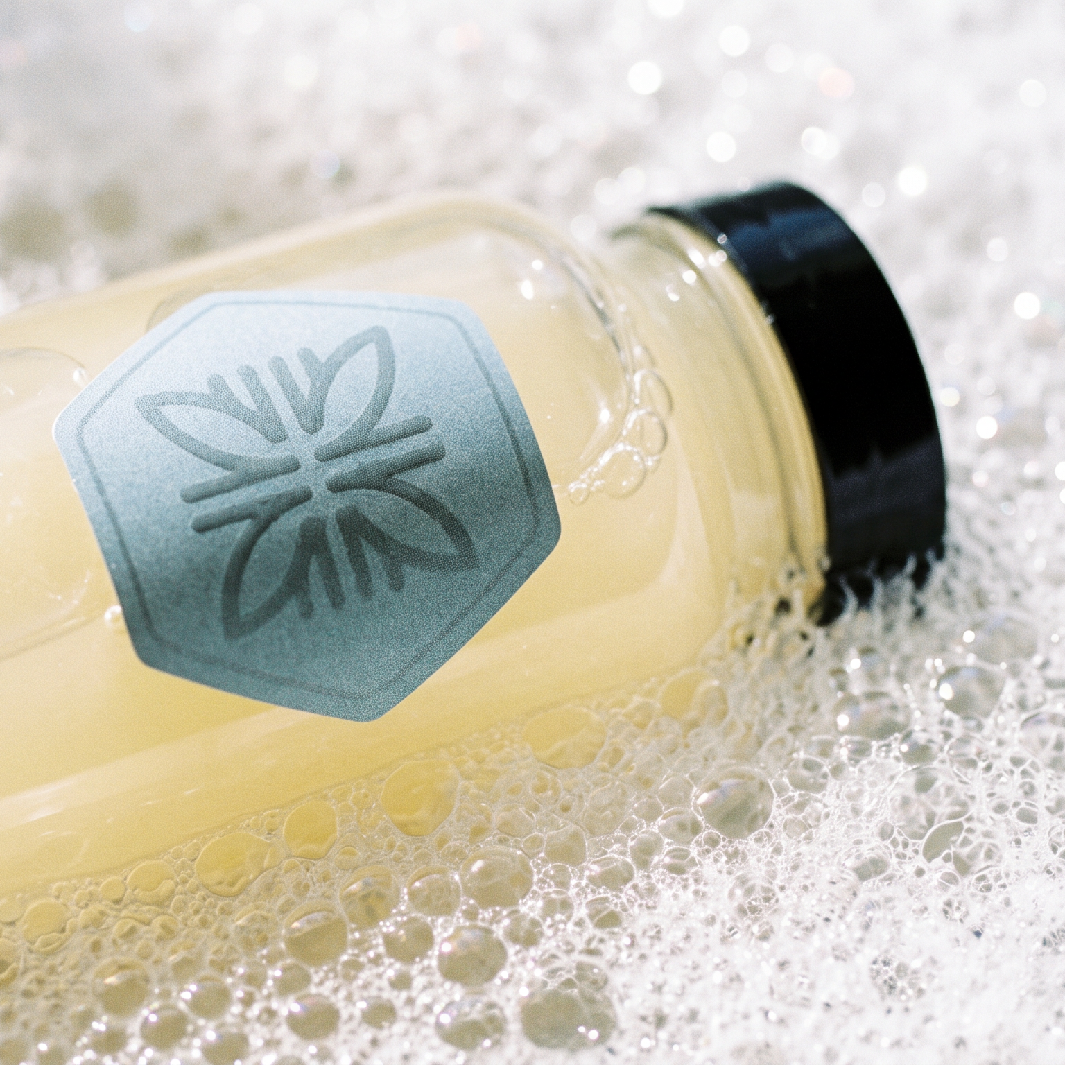 A small clear bottle filled with pale yellow liquid, featuring a black cap and a blue-gray hexagonal label with a stylized leaf emblem, resting on white foam.